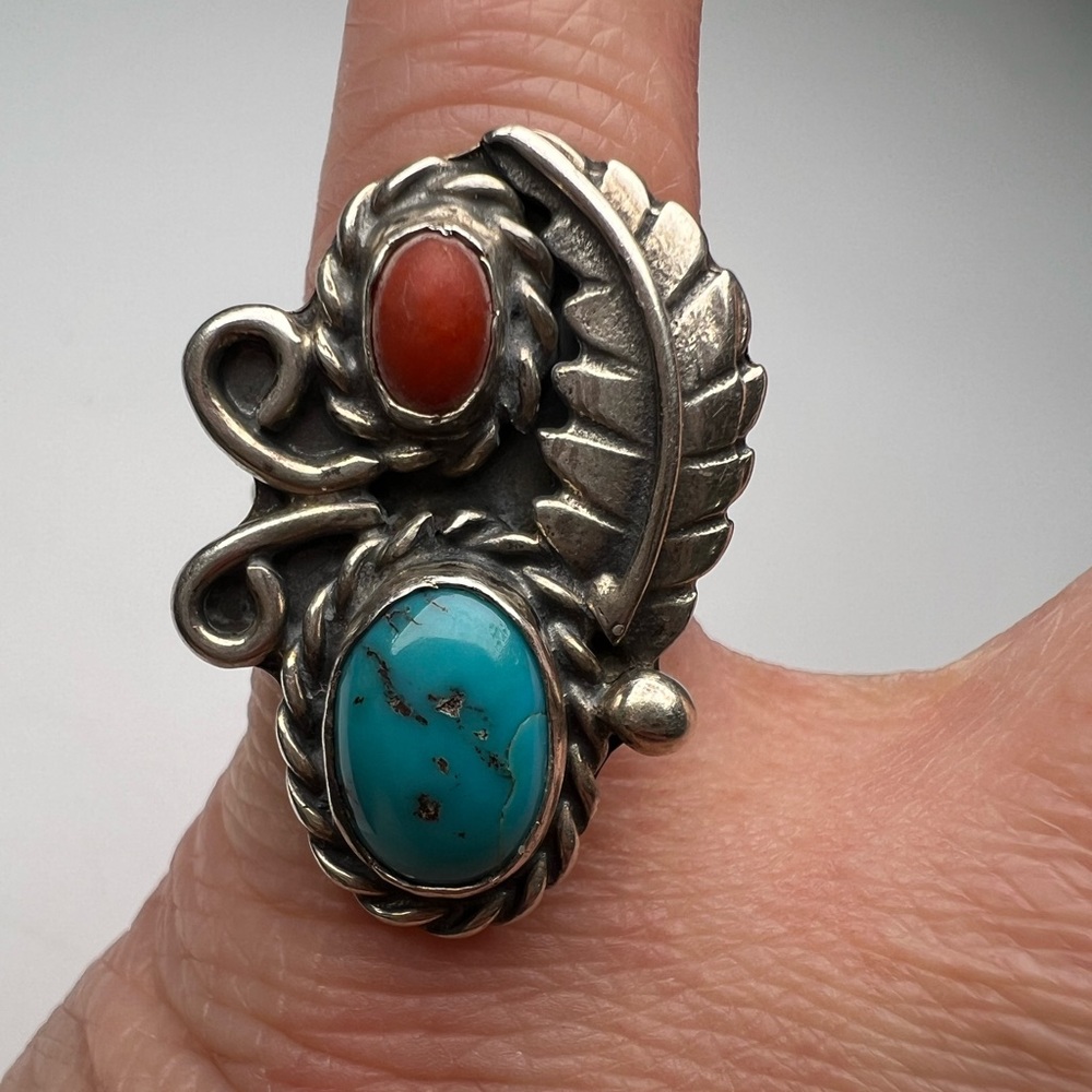 Turquoise & Coral Sterling Silver 925 Feather Ring, Size 6